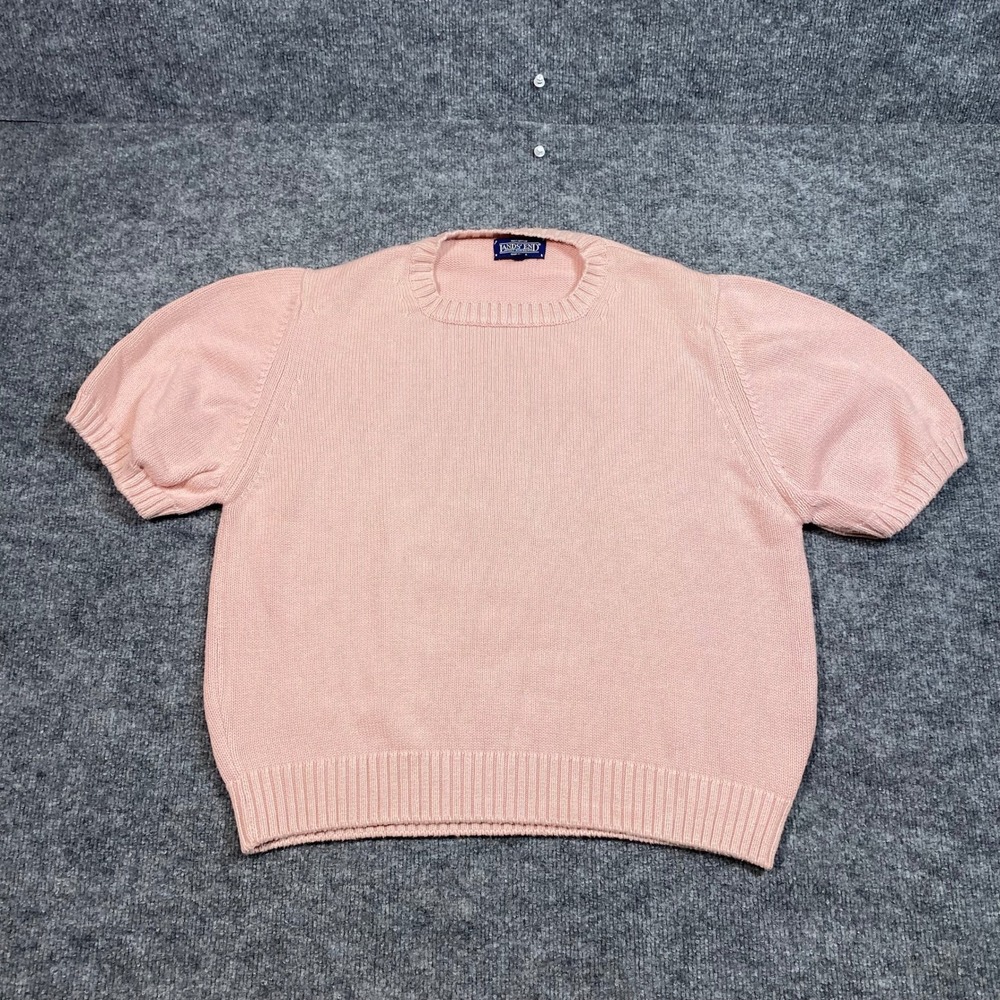Lands End Womens XL Pink Cotton Short Sleeve Knit Crew Neck Sweater Made in USA